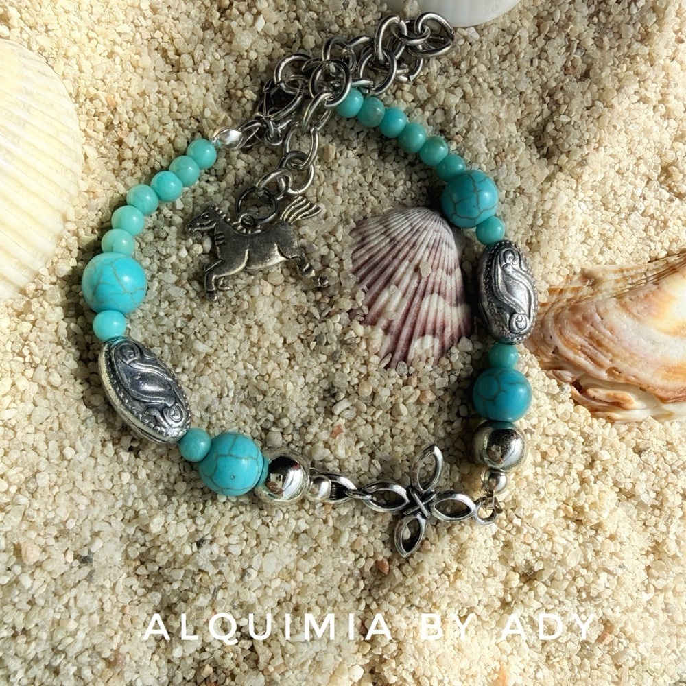 Bohemian colorful gemstones charms bracelet + SILVER & TURQUOISE